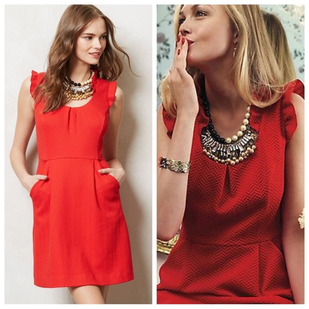 Tabitha Red Textured Fit & Flare Dress Ruffle Sleeve Scoop Neck 6